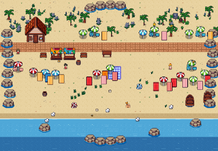 A pixel-art beach: palms and dunes, a promenade, parasols on the sand and boats past the tide line.