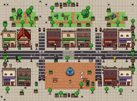 A pixel-art high street: shopfronts along an avenue, planted squares and a plaza with a fountain.