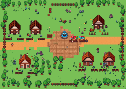 A pixel-art village: cottages with fenced gardens along a lane, and a square with a fountain and a market.